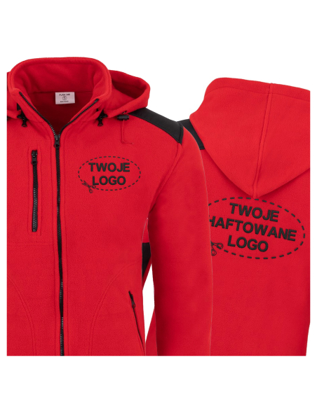 Gruby POLAR 340 z kapturem i wyhaftowanym Twoim logo - Czerwony/Czarny