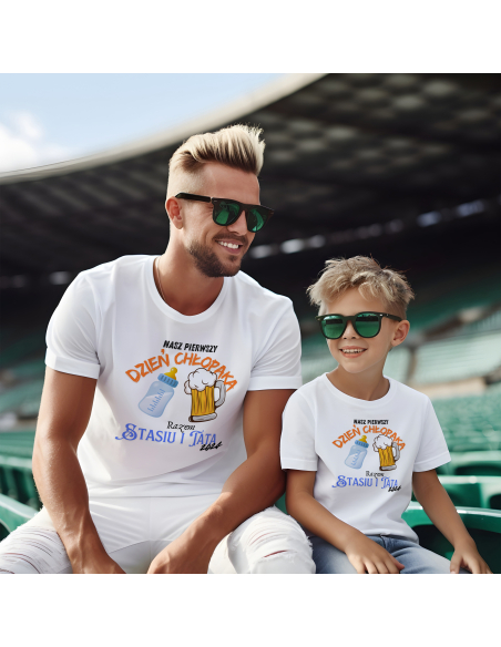 Zestaw KOSZULKA MĘSKA + KOSZULKA DZIECIĘCA Nasz pierwszy dzień chłopaka + Twoje imię