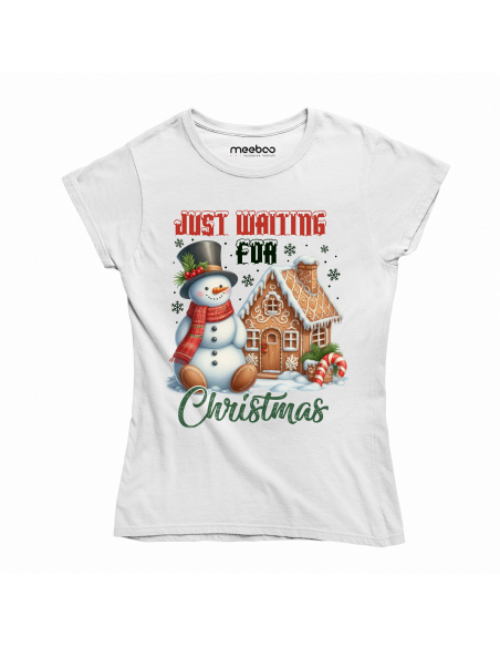 KOSZULKA DAMSKA Just waiting for Christmas - Domek i bałwan