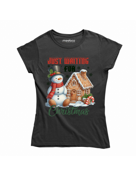 KOSZULKA DAMSKA Just waiting for Christmas - Domek i bałwan