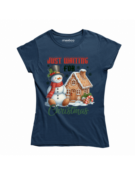 KOSZULKA DAMSKA Just waiting for Christmas - Domek i bałwan
