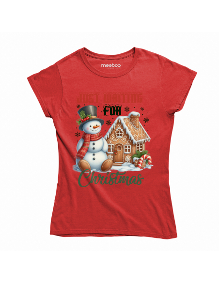 KOSZULKA DAMSKA Just waiting for Christmas - Domek i bałwan