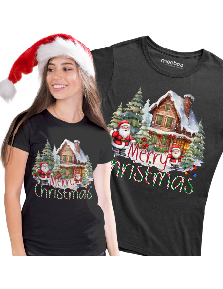 KOSZULKA DAMSKA Merry Christmas Mikołaj i domek