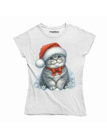 KOSZULKA DAMSKA Świąteczny szary kotek w czapce mikołaja