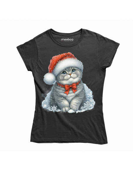 KOSZULKA DAMSKA Świąteczny szary kotek w czapce mikołaja