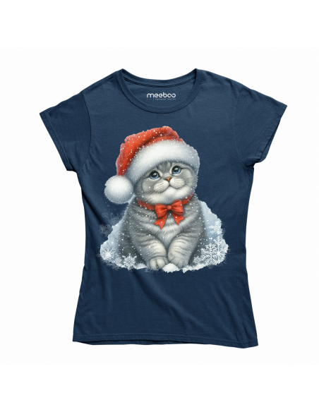 KOSZULKA DAMSKA Świąteczny szary kotek w czapce mikołaja