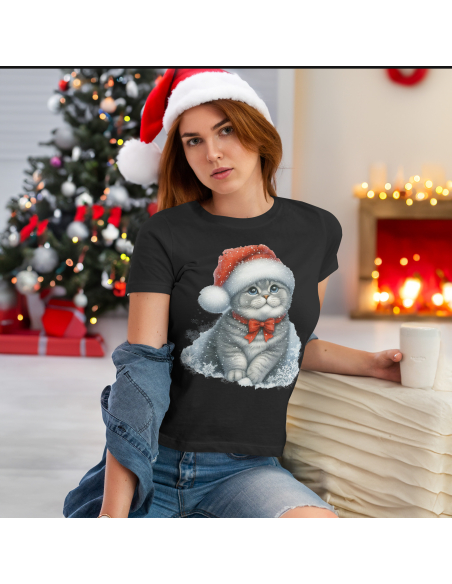 KOSZULKA DAMSKA Świąteczny szary kotek w czapce mikołaja