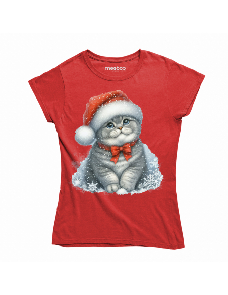 KOSZULKA DAMSKA Świąteczny szary kotek w czapce mikołaja