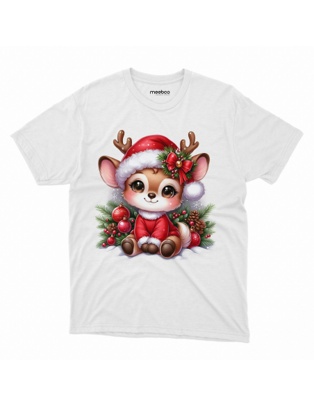 KOSZULKA DZIECIĘCA Reniferek w czapce mikołaja i bombkami