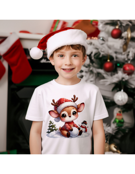 KOSZULKA DZIECIĘCA Reniferek w czapce mikołaja z kulką śniegu