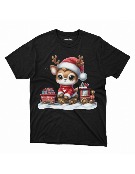 KOSZULKA DZIECIĘCA Reniferek w czapce mikołaja i pociągiem