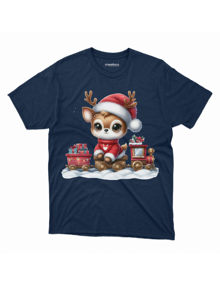 KOSZULKA DZIECIĘCA Reniferek w czapce mikołaja i pociągiem