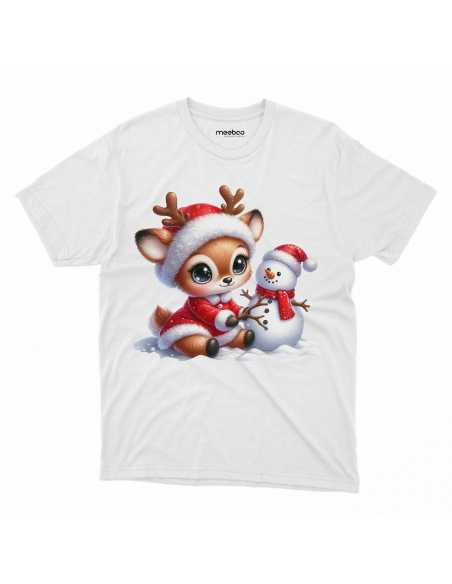 KOSZULKA DZIECIĘCA Reniferek w czapce mikołaja lepiący bałwana