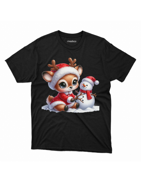 KOSZULKA DZIECIĘCA Reniferek w czapce mikołaja lepiący bałwana