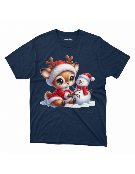 KOSZULKA DZIECIĘCA Reniferek w czapce mikołaja lepiący bałwana