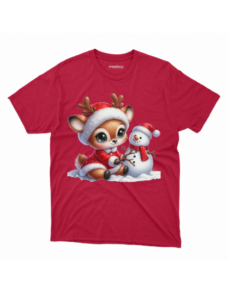 KOSZULKA DZIECIĘCA Reniferek w czapce mikołaja lepiący bałwana