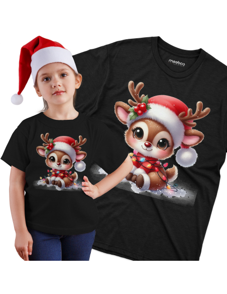 KOSZULKA DZIECIĘCA Reniferek w czapce mikołaja z lampkami