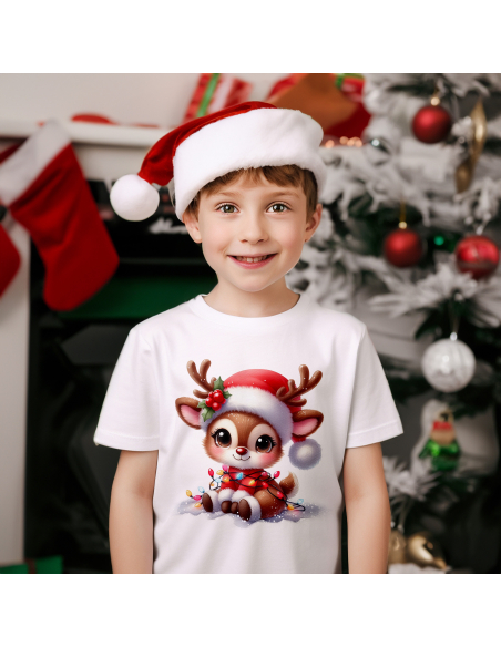 KOSZULKA DZIECIĘCA Reniferek w czapce mikołaja z lampkami