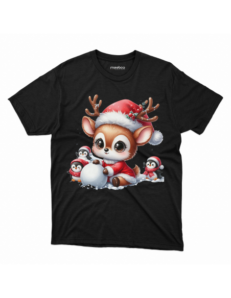 KOSZULKA DZIECIĘCA Reniferek w czapce mikołaja z kulą śniegu i pingwinami