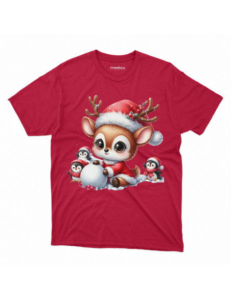 KOSZULKA DZIECIĘCA Reniferek w czapce mikołaja z kulą śniegu i pingwinami