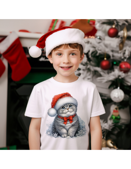 KOSZULKA DZIECIĘCA Świąteczny szary kotek w czapce mikołaja