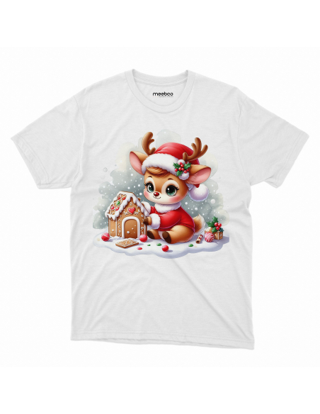 KOSZULKA DZIECIĘCA Reniferek w stroju mikołaja budujący domek z piernika
