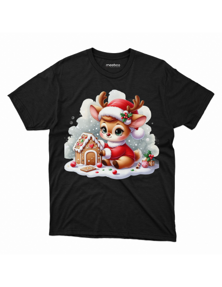 KOSZULKA DZIECIĘCA Reniferek w stroju mikołaja budujący domek z piernika