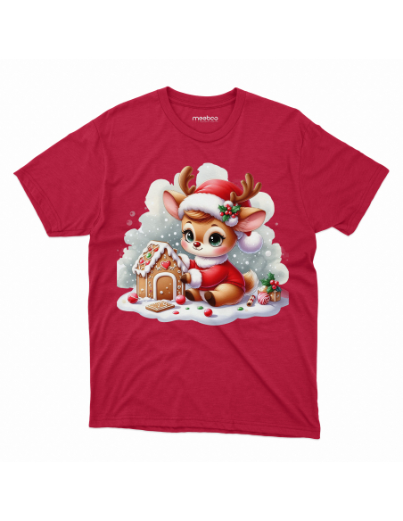 KOSZULKA DZIECIĘCA Reniferek w stroju mikołaja budujący domek z piernika
