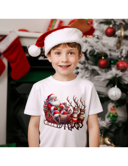 KOSZULKA DZIECIĘCA Mikołaj jadący saniami z reniferami