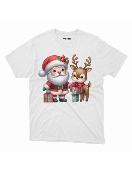 KOSZULKA DZIECIĘCA Reniferek z mikołajem i prezentami