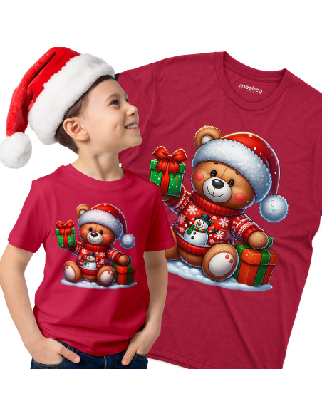 KOSZULKA DZIECIĘCA Miś w czapce mikołaja i swetrze z bałwanem