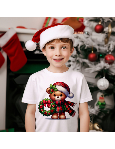 KOSZULKA DZIECIĘCA Miś w czapce i szaliku ze stroikiem świątecznym