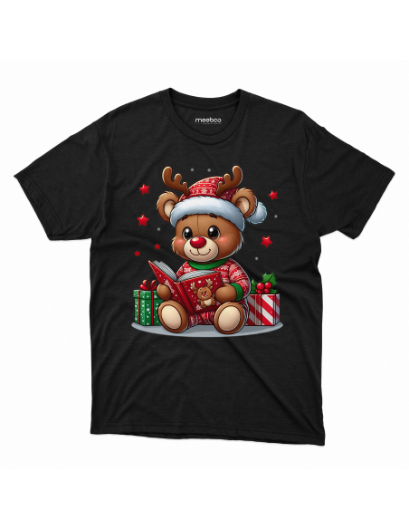 KOSZULKA DZIECIĘCA Miś z rogami renifera czytający książkę