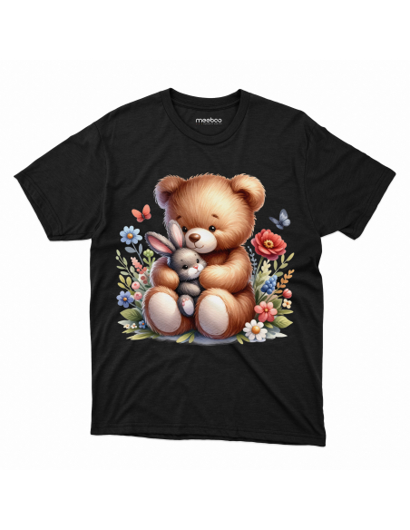 KOSZULKA DZIECIĘCA Miś przytulający króliczka z kwiatkami