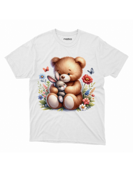 KOSZULKA DZIECIĘCA Miś przytulający króliczka z kwiatkami