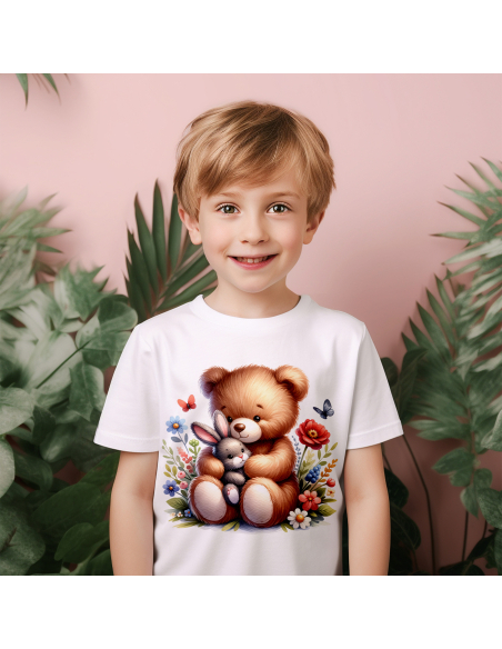 KOSZULKA DZIECIĘCA Miś przytulający króliczka z kwiatkami