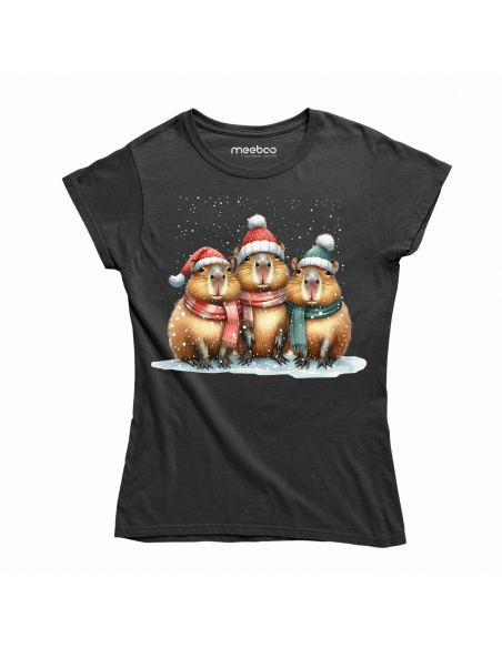 KOSZULKA DAMSKA Kapibary w czapkach zimowych i śniegu