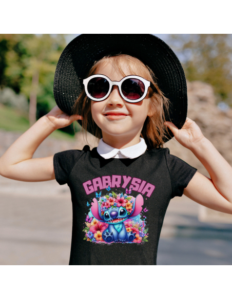 Koszulka Dziecięca "Stich + Twoje imię" Czarna | 100% Bawełna