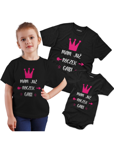 Koszulka/Body Dziecięce "Mam już roczek + Twoje imię" Czarna | 100% Bawełna