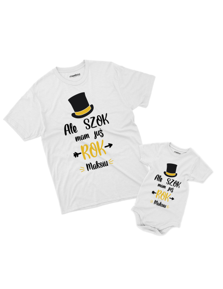 Koszulka/Body Dziecięce "Ale szok mam już rok + Twoje imię" Czarna | Wysoka jakość