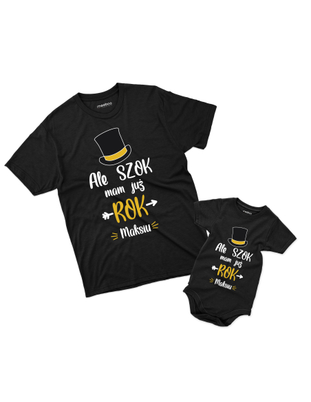 Koszulka/Body Dziecięce "Ale szok mam już rok + Twoje imię" Czarna | Wysoka jakość