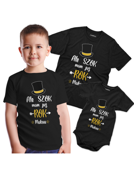 Koszulka/Body Dziecięce "Ale szok mam już rok + Twoje imię" Czarna | Wysoka jakość