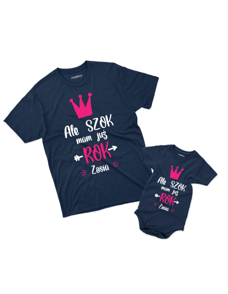 Koszulka/Body Dziecięce "Ale szok mam już rok + Twoje imię" Czarna | 100% Bawełna