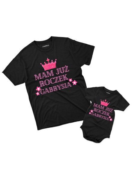 Koszulka/Body Dziecięce "Korona - Mam już roczek + Twoje imię" Czarna | 100% Bawełna