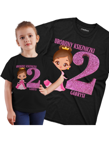 Koszulka Dziecięca "2 urodziny księżniczki + Twoje imię" Czarna | 100% Bawełna