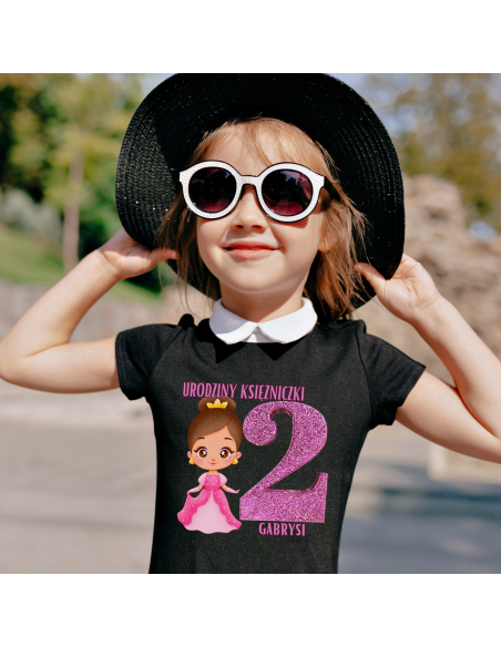 Koszulka Dziecięca "2 urodziny księżniczki + Twoje imię" Czarna | 100% Bawełna