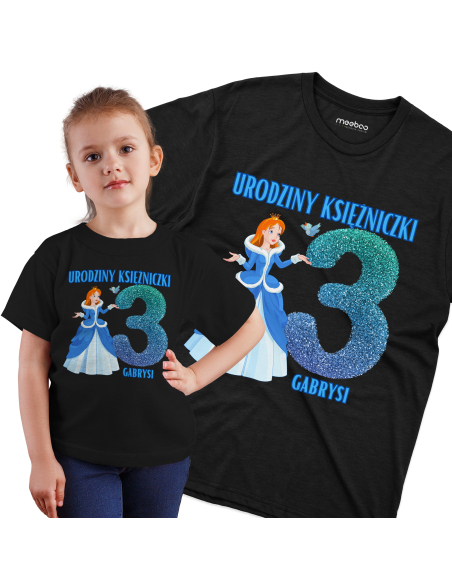 Koszulka Dziecięca "3 urodziny księżniczki + Twoje imię" Czarna | 100% Bawełna
