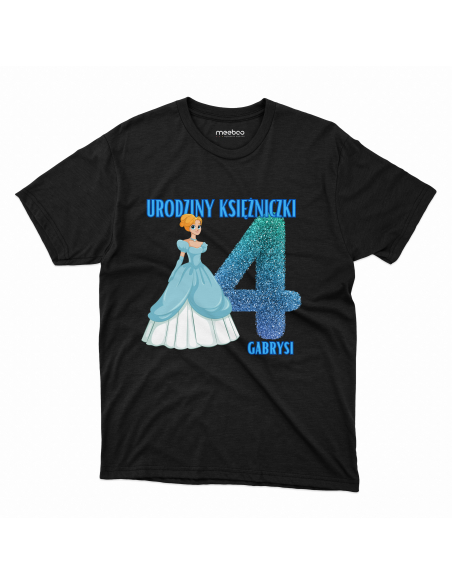 Koszulka Dziecięca "4 urodziny księżniczki + Twoje imię" Czarna | 100% Bawełna