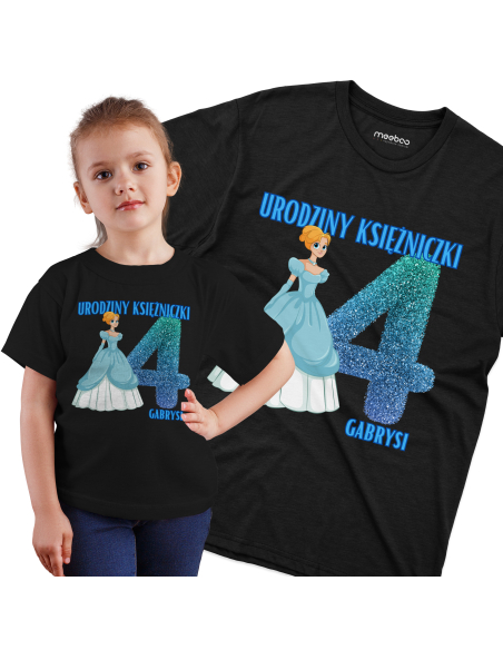 Koszulka Dziecięca "4 urodziny księżniczki + Twoje imię" Czarna | 100% Bawełna