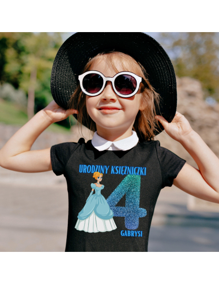 Koszulka Dziecięca "4 urodziny księżniczki + Twoje imię" Czarna | 100% Bawełna